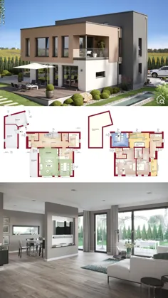 خانه مدرن تک خانوادگی با گاراژ و سقف تخت به سبک باهاوس ، نقشه طبقه خانه با گالری باز