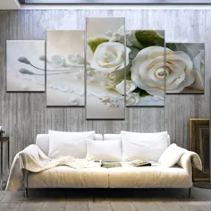 Canvas HD چاپ تصاویر تصاویر مدولار دیوار پوستر چارچوب 5 قطعه گل رز سفید گل نقاشی برای اتاق نشیمن دکوراسیون منزل - دیوارهای تزئینی - زندگی خانه خود را تزئین کنید