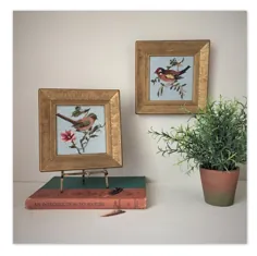 پرندگان سوزنی در Vintage Framed در قاب های طلای برگ Acanthus به صورت جفت |  دو پرنده سوزن دوزی رنگارنگ