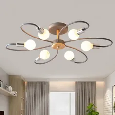 Sputnik Semi Flush Lamp Modern Metal 6 Lights خاکستری Semi Flush Mount سقف با بازوی خمیده نزدیک به چراغ های سقفی