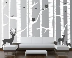 Birch Tree Forest Set Vinyl Wall Decal Owls Deer # 1323