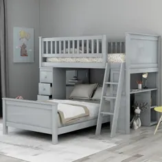 Harper & Bright طرح های دوقلوی خاکستری را روی تخت دوقلو با کشوها و قفسه های مخصوص کودکان طراحی می کند
