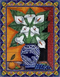 نقاشی دیواری کاشی "نیلوفرها و انگور کالا"