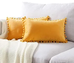 روکش های بالشی تزئینی YIcabinet با پوم پوم ها ، روکش های کوسن جامد مخلوط ذرات نرم 18 X 18 اینچ برای ماشین اتاق خواب نیمکت ، بسته 2 عددی ، زرد خردلی