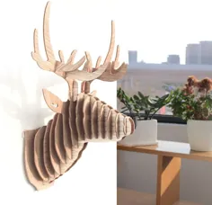 Hooshing Deer Head Wall Decor Trophy Sculpture DIY 3D Puzzle بژ ، دکوراسیون دیوار برای اتاق نشیمن