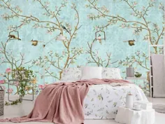 کاغذ دیواری Chinoiserie |  زمینه آبی با گلهای صورتی |  درباره نقاشی های دیواری