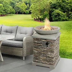 Peaktop Square 29inch Firepit Outdoor Gas Fire Pit Lava Rock & Cover HF29308AA-UK، Stone Grey