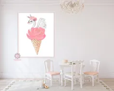 Boho Swan Nursery Wall Art Print Ice Cream Cone Ethereal Pink Gold Floral Baby Girl Whimsical Bohemian Ethereal چاپ دکور