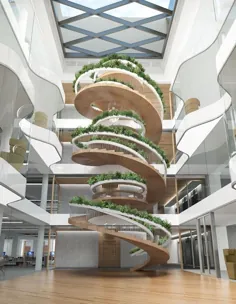 Pflanzen schmücken die Geländer einer Design Wendeltreppe در لندن