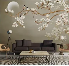 Eine große ast baum weiße Blumen Tapete Wandbild ، Magnolia geblümte Tapete ، Blumen und Vögel-orientalisised Wand-Wandbilder