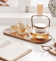 ست چای سبک ژاپنی با سینی چوب |  دیگ چای |  سرویس چای عایق دو جداره