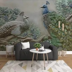 نقاشی دیواری سفارشی دیواری سه بعدی نقاشی دیواری طلا دو طاووس بزرگ |  اتسی