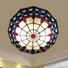 چراغ سقفی شیشه ای رنگی 3 چراغ Tiffany Style Art Deco Flush Mount Light با طرح Rhombus - 220V-240V آبی-قرمز نزدیک به چراغ های سقفی