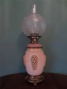 ANTIQUE VICTORIAN C1870 HINKS PIERCED CERAMIC OAM LAMP FINE ETCHED GLOBE SHADE