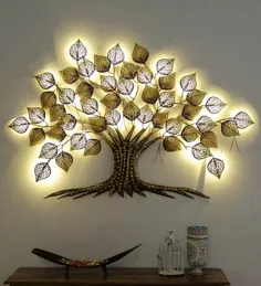 خرید درخت تزئینی آهن فرفورژه به رنگ طلایی با هنر دیواری LED توسط Sugandha Online - Floral Metal Art - Metal Wall Wall - Decor Home - Pepperfry Product