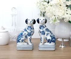 Bookends سگ سرامیکی دلفت آبی و سفید - لوازم و کالاهای خانگی