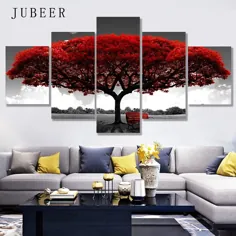 Modular Canvas HD چاپ پوسترهای تزئینی منزل تصاویر هنری دیواری 5 قطعه درخت قرمز درخت مناظر نقاشی منظره بدون قاب - دیوارپوش ها - تزئین زندگی خانه خود