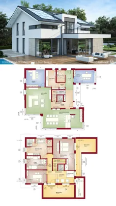 Einfamilienhaus Grundriss modern offen mit Satteldach، Erker & Balkon bauen، Haus Ideen Fertighaus