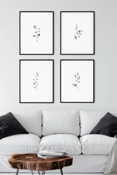 مجموعه ای از 4 چاپ دیوار هنر ، هنر گیاه شناسی مینیمالیست ، برگ های سیاه و سفید قابل چاپ
