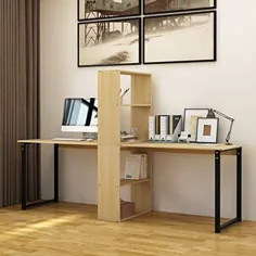 میز کامپیوتر دو نفره SogesPower 78.8 اینچ میز کار دو نفره با قفسه کتابخانه برای 2 میز تحریر ایستگاه کاری بزرگ دفتر کار ، Maple ، SPXTD-SR01-MO