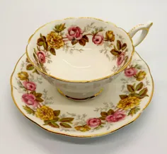 جام چای Coalport و نعلبکی با گل رز "Rosalinda" ، لیوان چای خوری ، فنجان و نعلبکی ، استخوان چین