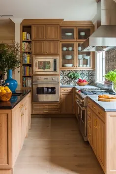 کابینت آشپزخانه رنگ آمیزی شده با کارامل با میزهای بتونی - انتقالی - آشپزخانه