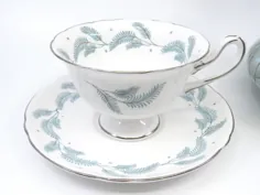 فنجان و بشقاب چای Shelley Serenity ، برگهای سبز آبی ، 13791 ، ترمیم پلاتین