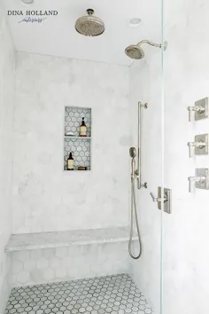 کاشی های دیواری دوش شش گوش مرمر سفید با نیمکت شناور - انتقالی - حمام
