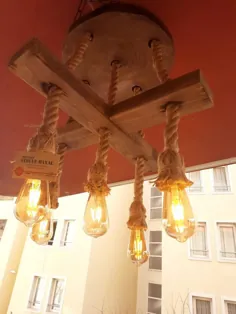 چراغ آویز چوبی ، لوستر طناب ، لامپ چوبی به سبک روستایی ، چراغ روشنایی برش خورده درخت ، دکور خانه مزرعه ، نور یکپارچه سازی ، روشنایی طناب کنفی