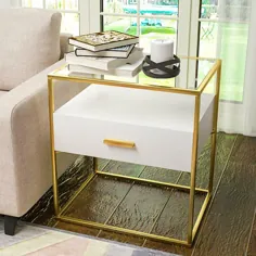 میز لهجه طلای Mecor ، میز انتهایی با کشوی کشو ، میز کناری مربع فلزی با قسمت بالایی شیشه ای ، مبلمان اتاق خواب اتاق مبلمان سفید - Walmart.com