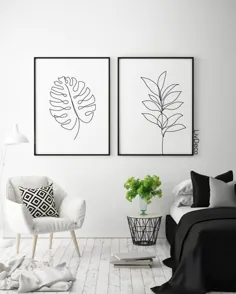 دکور انتزاعی دیوار گیاه شناسی ، هنر قابل چاپ مینیمالیستی ، نقاشی یک خط ، دکور اتاق سیاه و سفید ، پوستر بزرگ ، چاپ گیاهی ، چاپ برگ