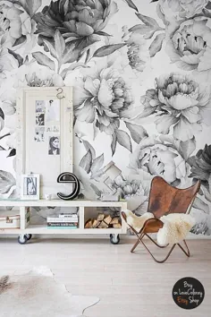 کاغذ دیواری قابل تعویض گل صد تومانی سفید نقاشی دیواری دیواری سیاه و سفید و |  اتسی