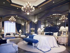دکوراسیون اتاق خواب لوکس و خیره کننده Navy Blue Luxury با تخت خواب مخمل آبی ، اتاق خواب آبی
