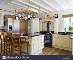 عکس Stock - برداشت مدرن از آشپزخانه Country Country سنتی که کابینت ، جزیره و یخچال سبک آمریکایی را نشان می دهد