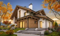 ارائه سه بعدی خانه دنج مدرن به سبک کلبه ای با گاراژ برای فروش یا اجاره با باغ بزرگ و چمن.  عصر خنک پاییزی با نور ملایم از پنجره.  تصویر سهام