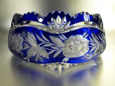 کاسه شیشه ای کریستال آبی - گل ها و طرح های اچ