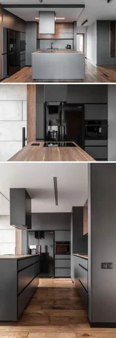 پالت این آپارتمان پر از رنگ های خاکستری ، سیاه و چوبی است