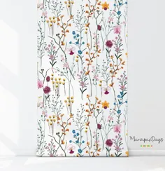 Wilde Blumen abnehmbare Tapete-Garten Blumen Wand Wandbild، Aquarell، helle Tapete، bunte Wand Dekor، Wandaufkleber # 89