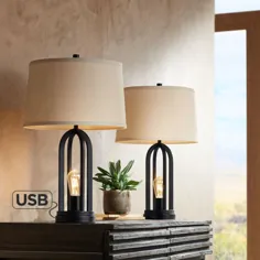 360 روشنایی مدرن چراغ های میز صنعتی 2 عددی با چراغ شبانه USB پورت مشکی سایه ای برای اتاق نشیمن - Walmart.com