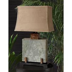 لامپ میز داخلی / خارجی تخته سنگ متوسط ​​و خاکستری با سایه لامپ پارچه ای قهوه ای