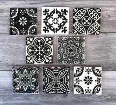 مجموعه ترکیبی از 8 زیر بشقاب کاشی مکزیکی سیاه و سفید