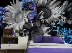 کاغذ دیواری با گل آفتابگردان در خاکستری و آبی و بنفش |  اتسی