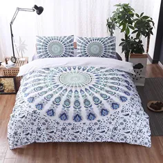 kxry Duvet Cover Sets Bohemian Retro bed bed Set Soft Coloful Mandala Down Floral Boho Style 1 Cover لحاف + 2 بالش Shams Queen Green