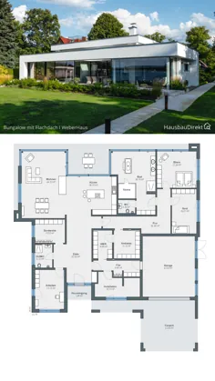 Modern Bungalow Haus Grundriss mit Flachdach & Garage bauen، Fertighaus 330 qm groß، 4 Zimmer