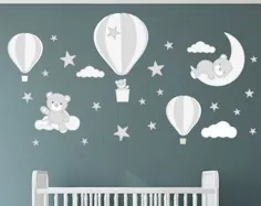 عروسک عروسکی عروسکی ، تابلوچسبهای دیواری مهد کودک ، ابرهای ستاره ای و پارچه قابل جدا شدن از ماه ، دکوراسیون اتاق پسران کودک آبی ، خاکستری و سفید ، هدیه کودک نو پا