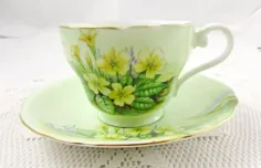ست فنجان و بشقاب چای سبز با گل های زرد ، استخوان انگلیسی چین