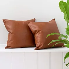 مجموعه ای از عاج منجمد از 2 روکش بالش پرتابی چرمی مصنوعی - 18 18 18 اینچ اندازه استاندارد - روکش بالش کنیاک - موارد تزئینی برای تخت یا مبل راحتی - مجموعه بالش های قهوه ای Tullulah