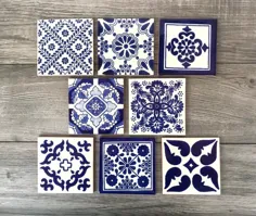 مجموعه ترکیبی از 8 زیر بشکه کاشی مکزیکی آبی و سفید |  اتسی