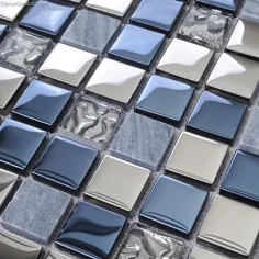 کاشی دیواری نقره ای آبی مخلوط فلز و شیشه از جنس استنلس استیل موزاییک کاشی آشپزخانه کفپوش