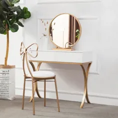 میز آرایشی چوب سفید با آینه و صندلی گرد پایه فلزی طلایی کوچک